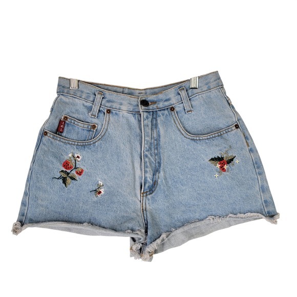 L.E.I. Pants - Vintage LEI High Waisted Strawberry‎ Embroidered Denim Shorts Light Wash Y2K 90S